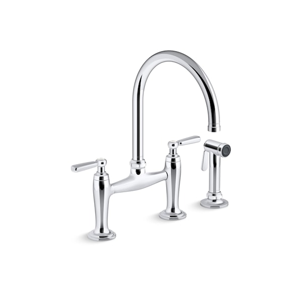 Kohler Two-Hole Bridge Kitchen Sink Faucet With Side Sprayer in Polished Chrome 28356-CP - main